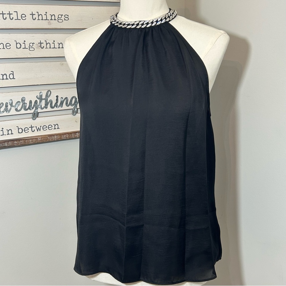 ELLA Rafaella Rhinestone Blouse Sleeveless Mock Neck Black Dressy Formal Top